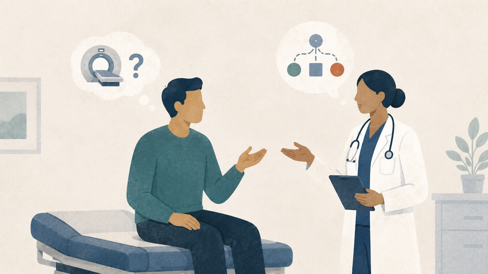 Illustration of a patient discussing imaging decisions with an emergency physician in an exam room, with a CT scan symbol and decision pathway icons representing different evaluation options.