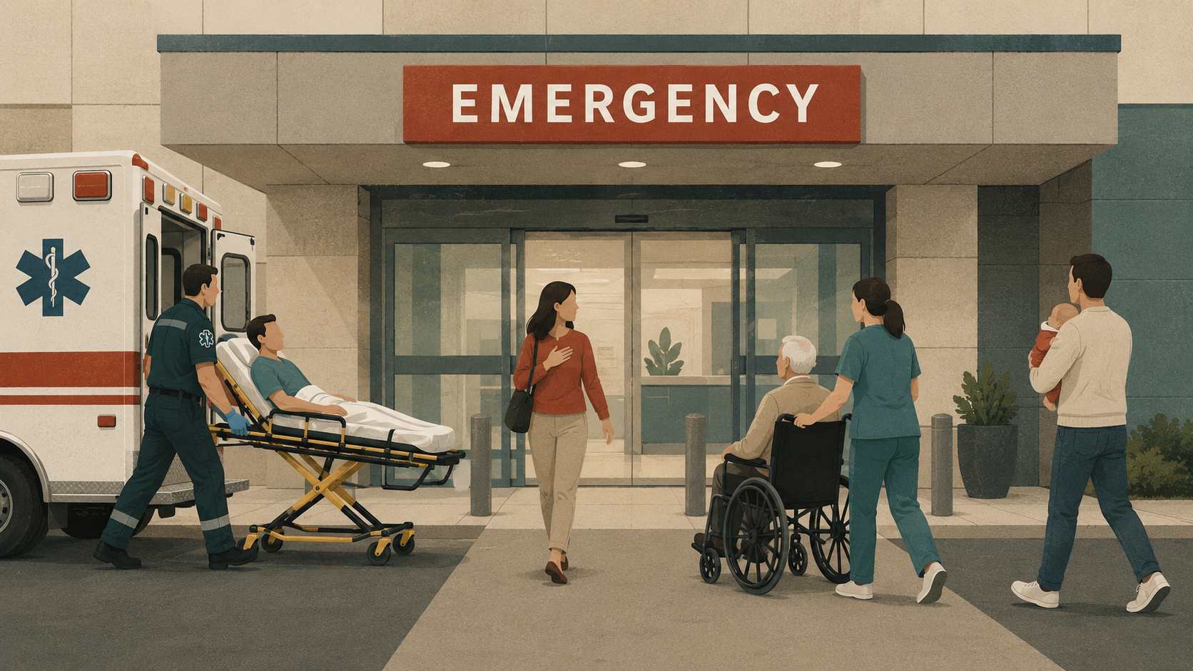 Illustration of patients arriving at a hospital emergency department by ambulance, on foot, in a wheelchair, and carrying an infant.