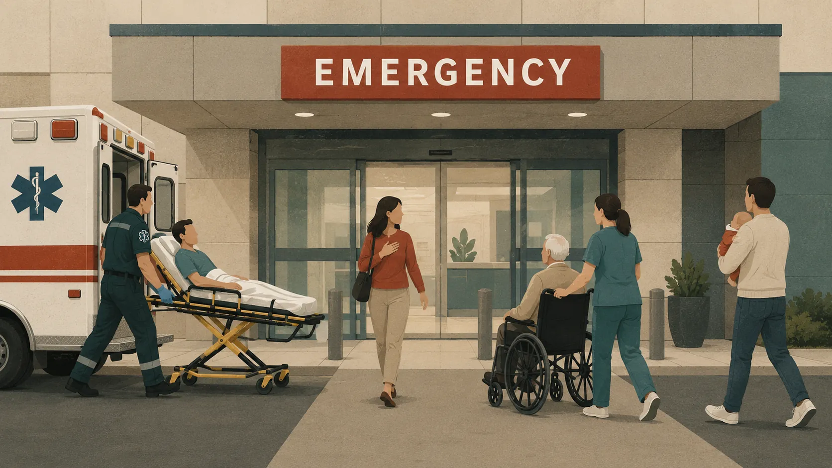 Illustration of patients arriving at a hospital emergency department by ambulance, on foot, in a wheelchair, and carrying an infant.