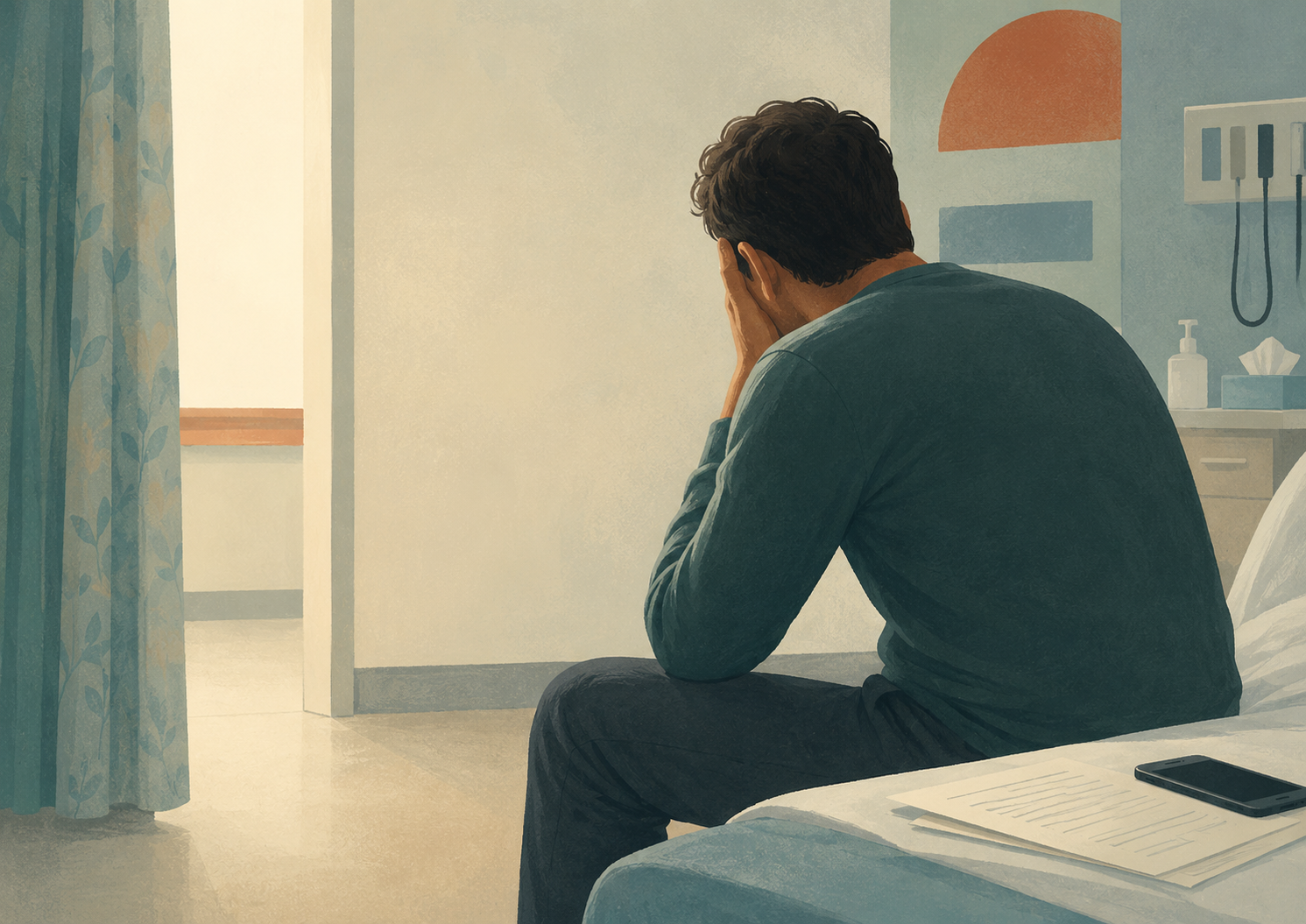 Patient sitting on an emergency department bed with their head resting in one hand after receiving difficult news.