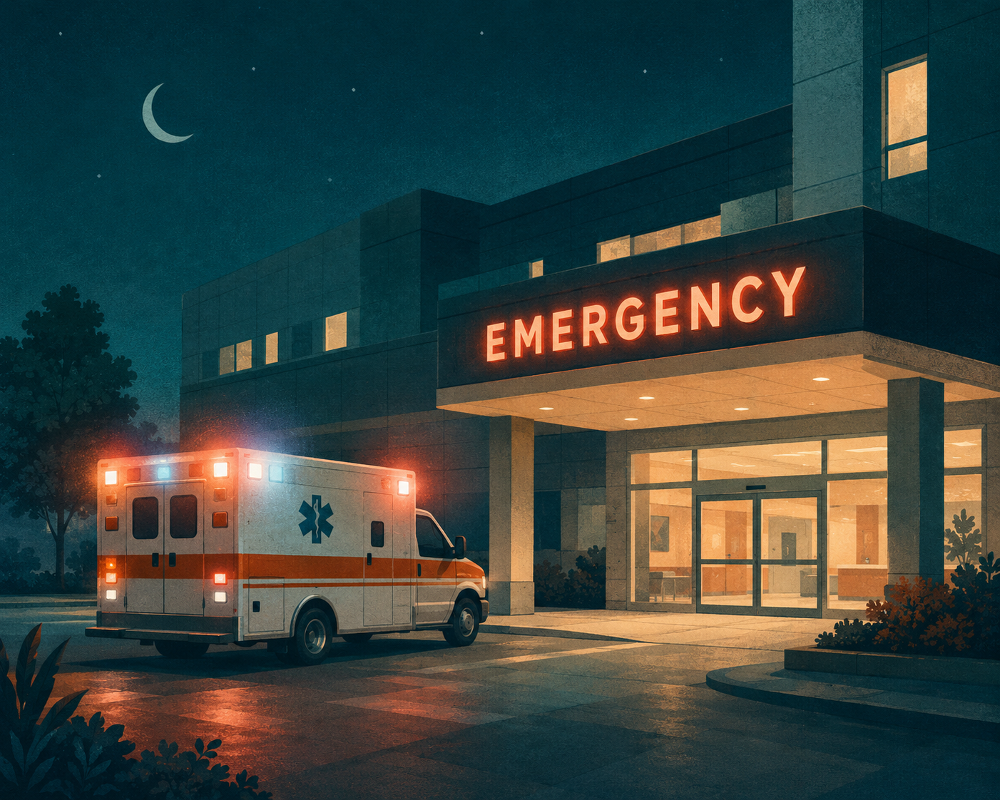 Ambulance with emergency lights on outside a hospital emergency entrance at night.
