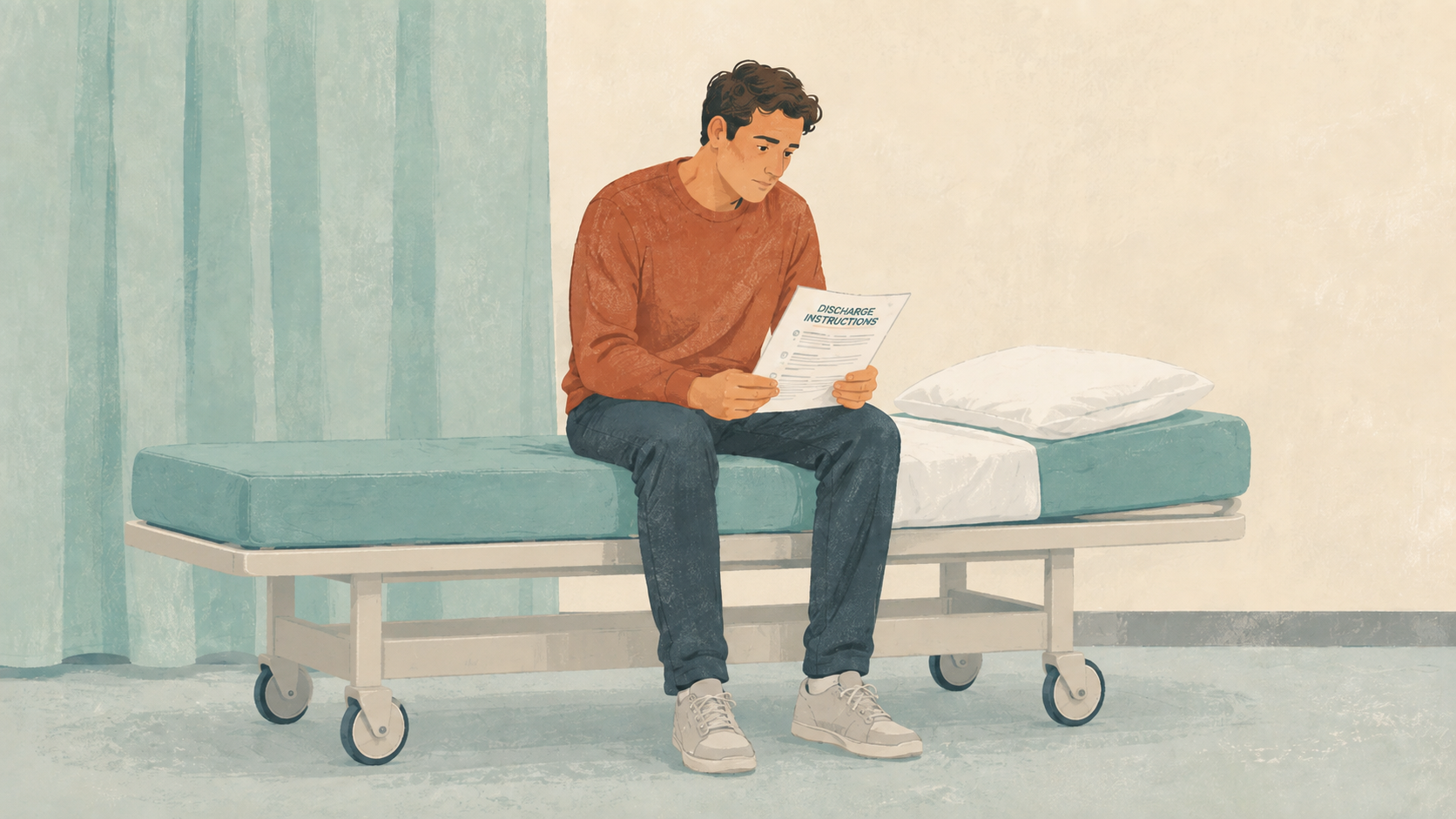A patient sitting on the side of a stretcher looking at the back of discharge papers.