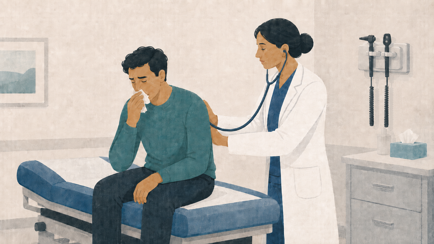 Patient sitting on edge of stretcher holding tissue to nose while doctor is listening to lungs with a stethoscope