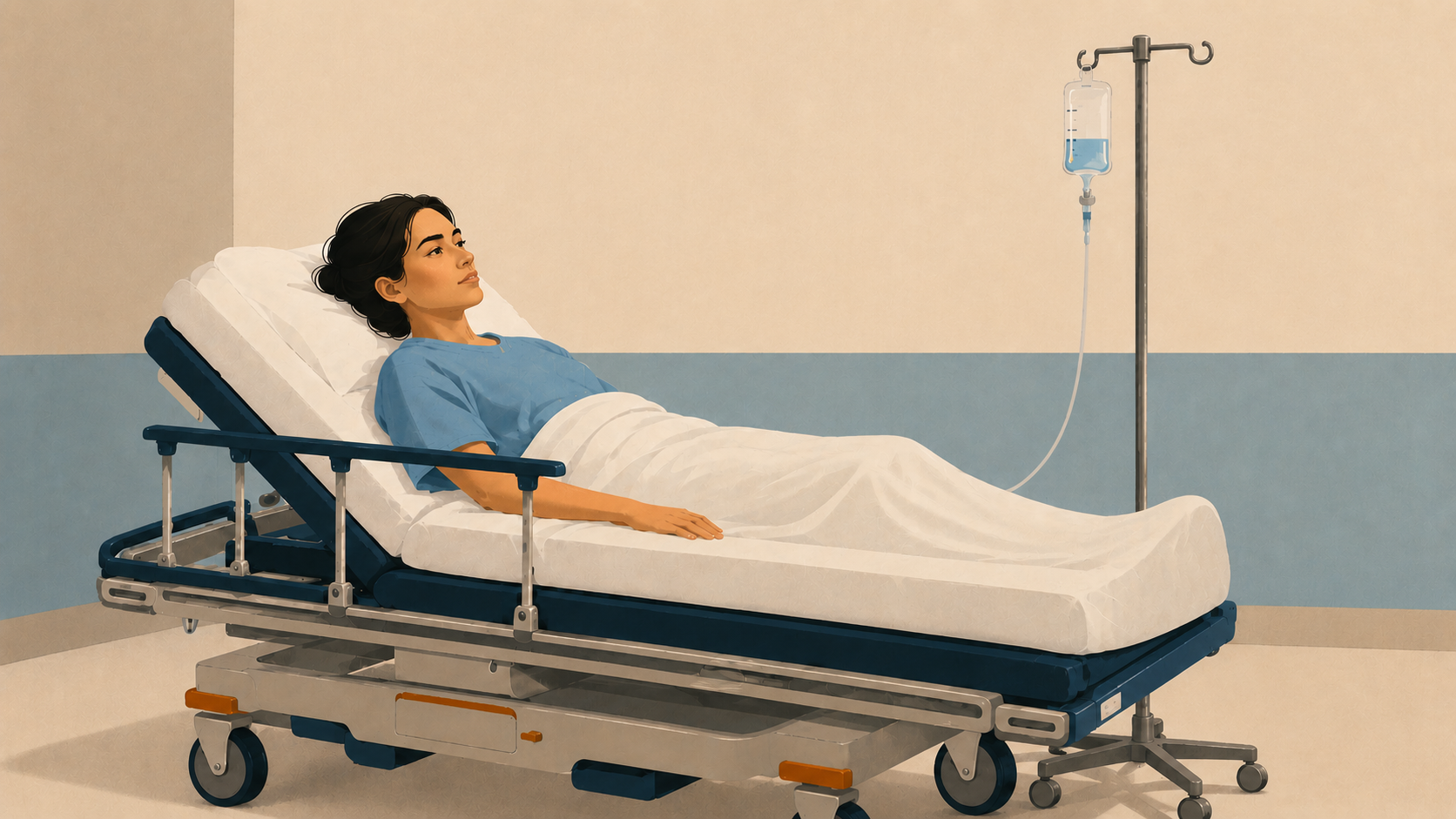 Patient lying on a stretcher with an IV hooked up to her left arm