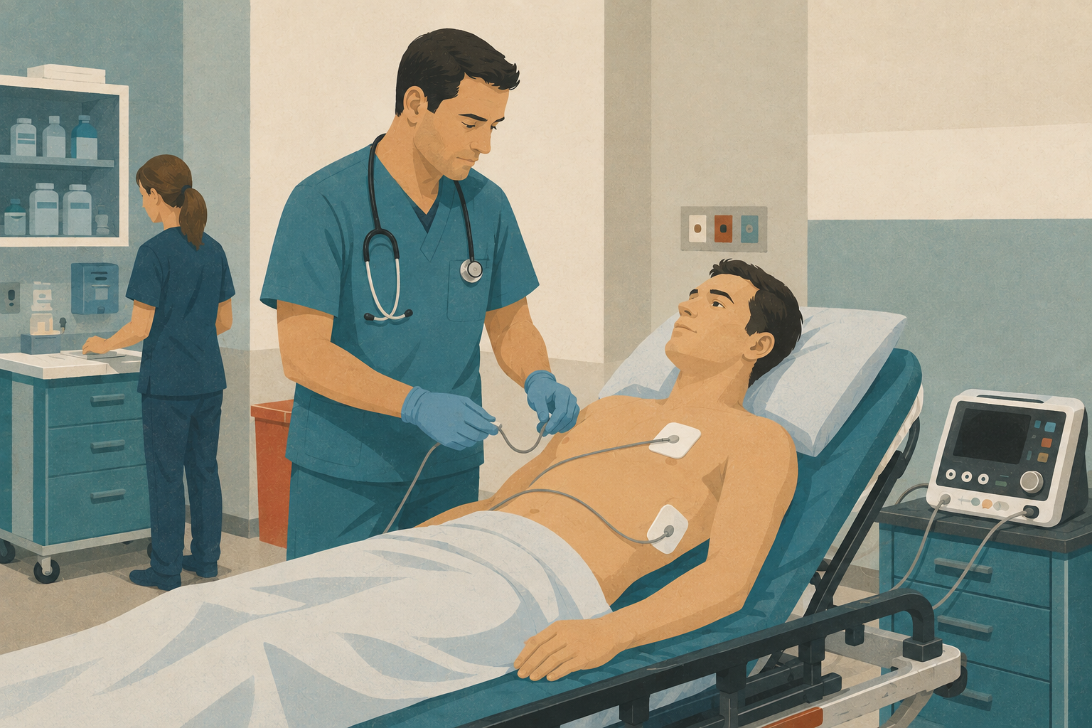Emergency physician preparing a stable patient for synchronized cardioversion in an emergency department, with adhesive defibrillator pads in place and a nurse nearby.
