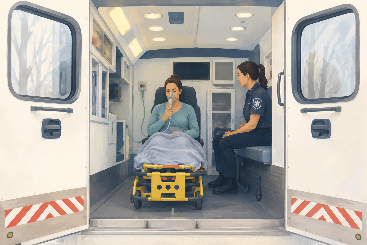 Patient sitting upright on a stretcher inside an ambulance, using a nebulizer while a paramedic watches from the side bench.