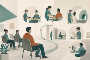 Editorial illustration of an emergency department waiting area, with patients seated near the entrance while clinical care happens nearby behind the scenes.
