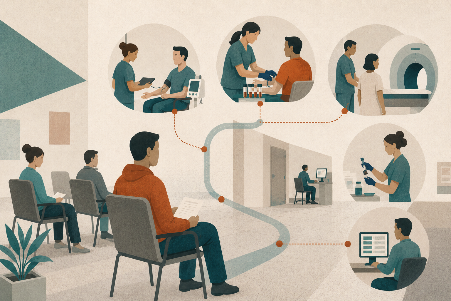 Editorial illustration of an emergency department waiting area, with patients seated near the entrance while clinical care happens nearby behind the scenes.
