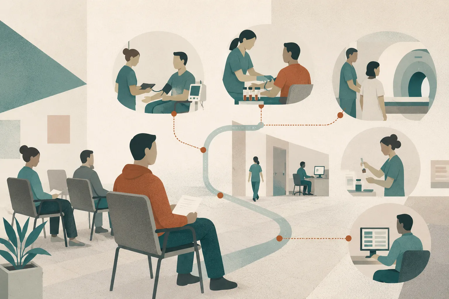 Editorial illustration of an emergency department waiting area, with patients seated near the entrance while clinical care happens nearby behind the scenes.