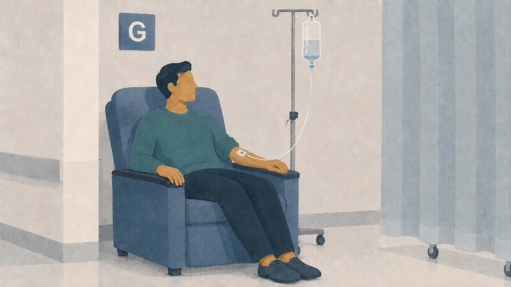 A patient sitting in a recliner in a hallway with IV fluids going into his arm.