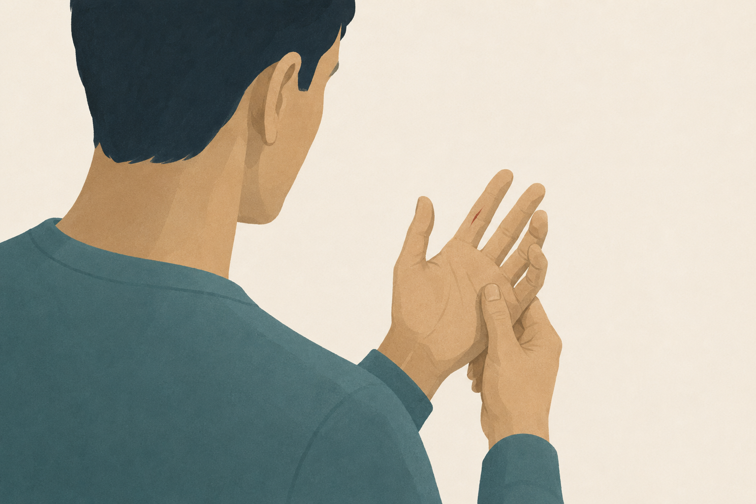 A man looking at his hand with a small laceration to the index finger