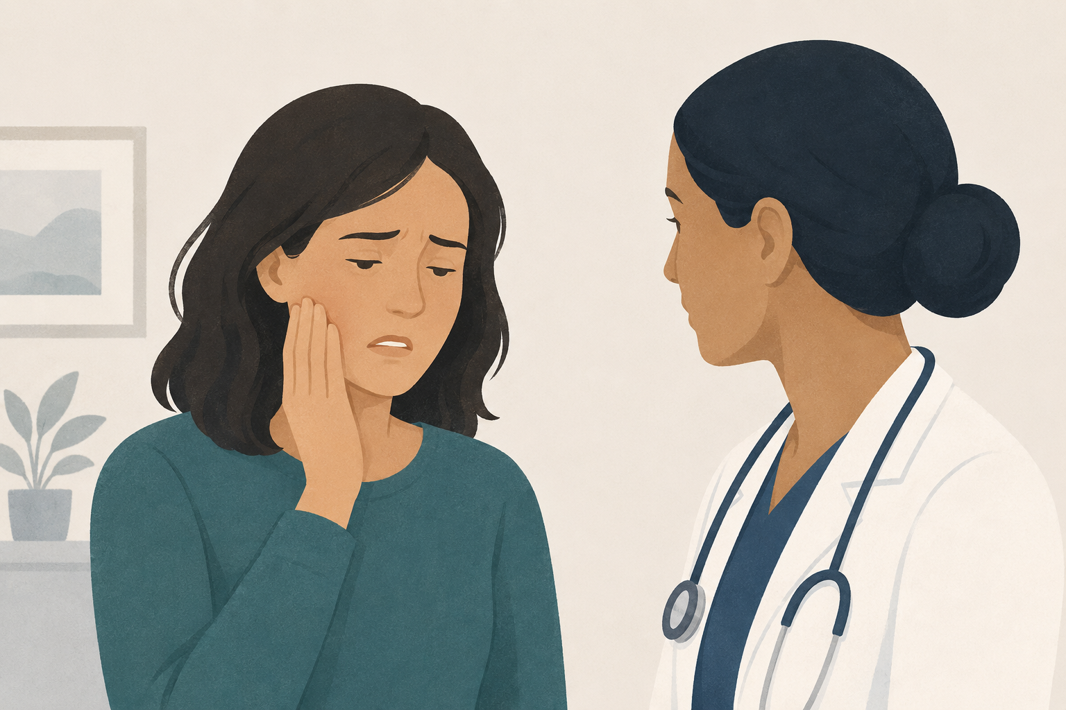 Patient holding the side of her face from tooth pain while speaking with an emergency physician.