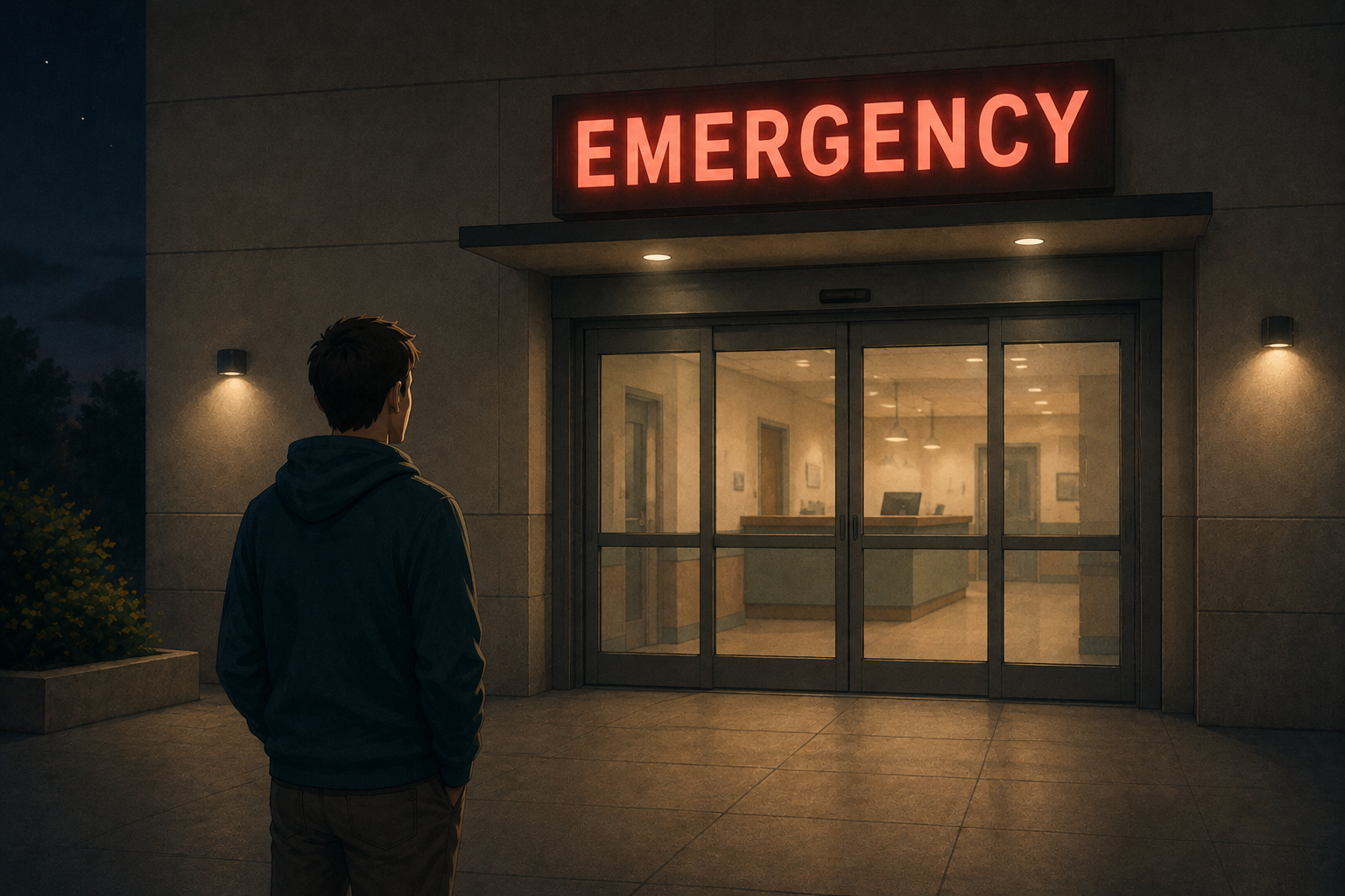 Man standing outside an emergency room entrance, deciding whether to go in.