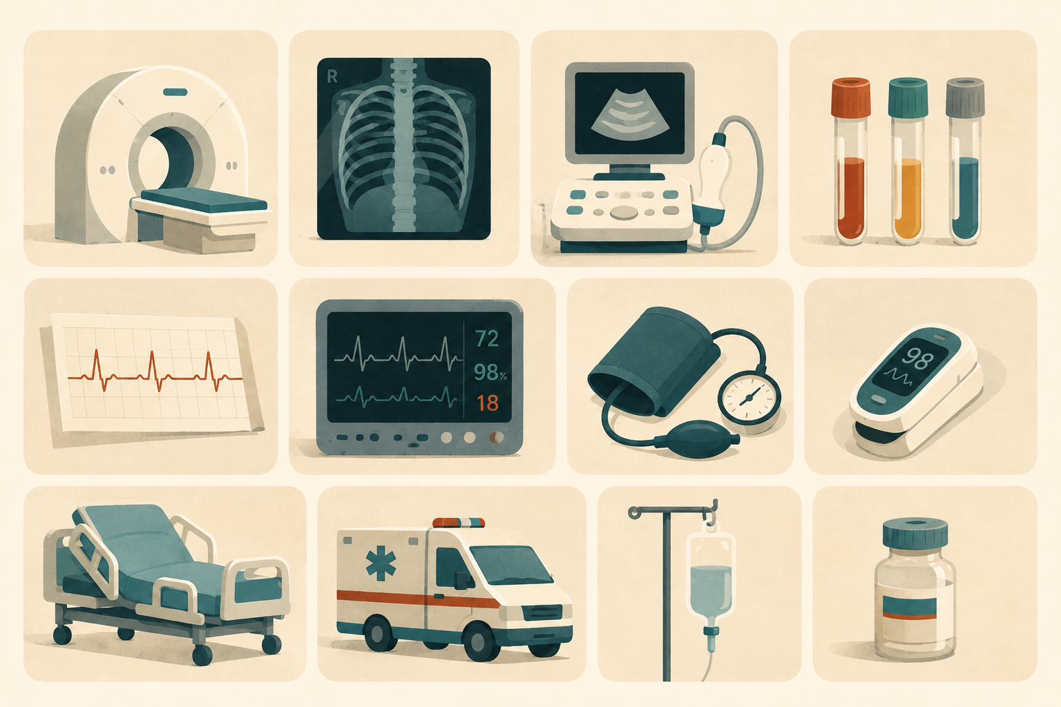 Grid of emergency care services including CT, X-ray, ultrasound, blood tests, ECG, monitoring, hospital bed, ambulance, IV, and medication.