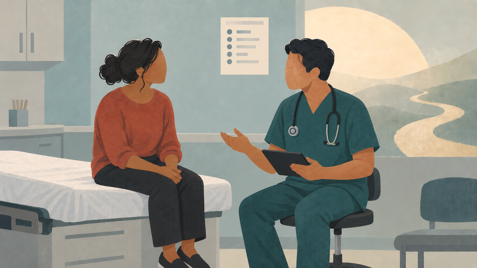 Illustration of a patient sitting on an emergency department stretcher while a physician in scrubs discusses reassuring test results, with a winding path in the background suggesting that the cause of symptoms may still be uncertain.
