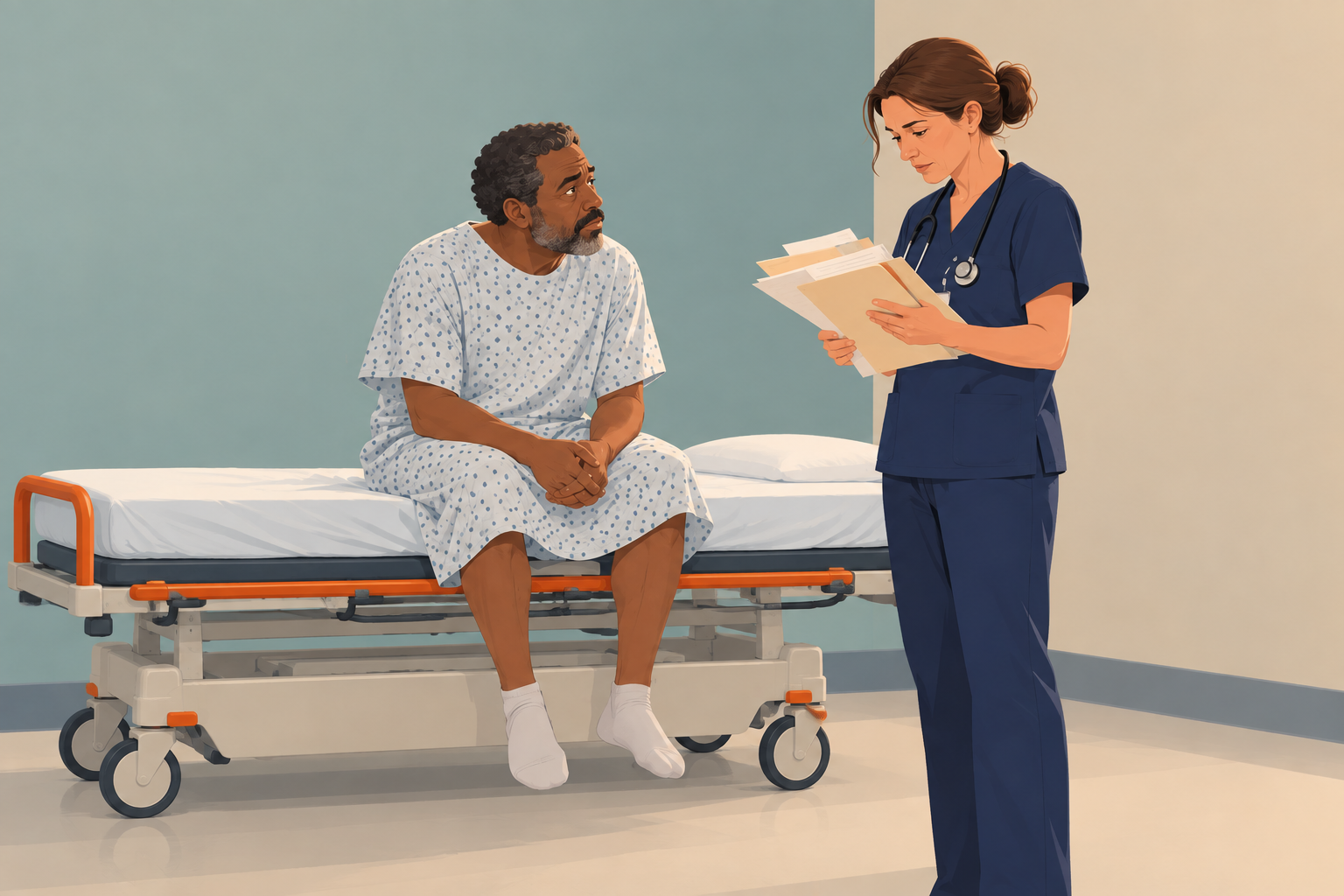 Patient sitting on a hospital stretcher while an emergency physician reviews paperwork from another hospital.