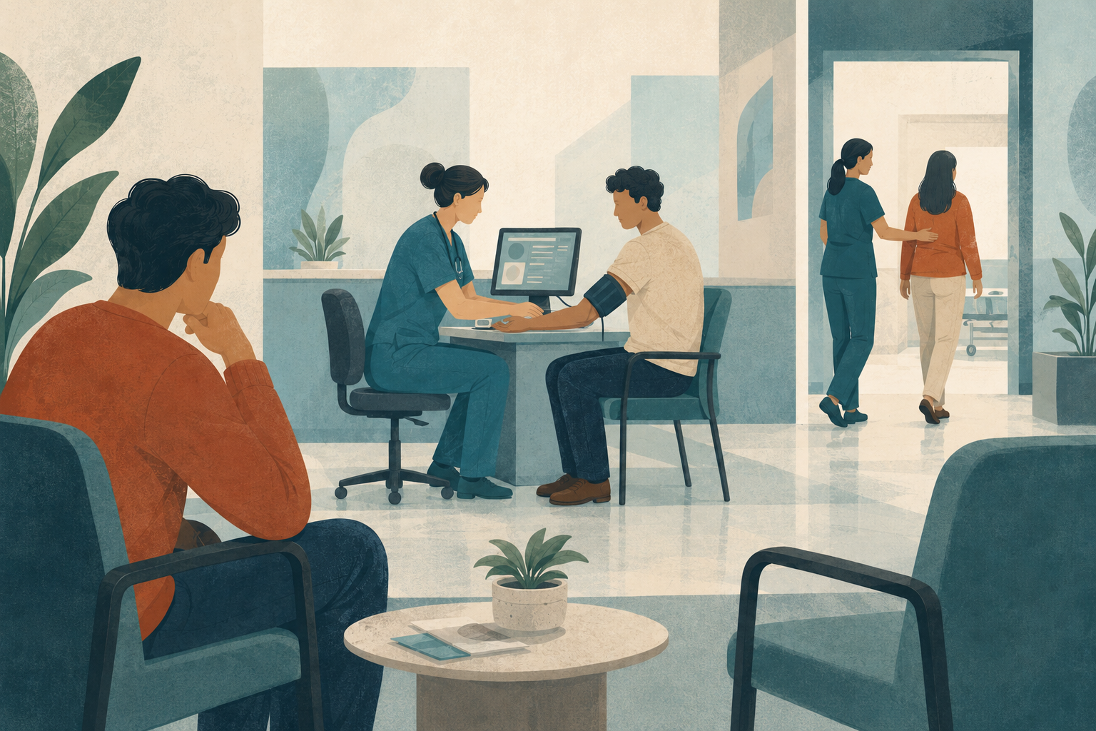 A waiting-room patient watches as one person has vital signs checked and another is guided into an ER treatment area.