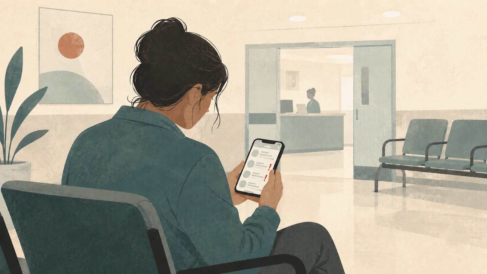 Illustration of a person sitting in an emergency department waiting room, looking at patient portal results on a phone with two red alert marks.