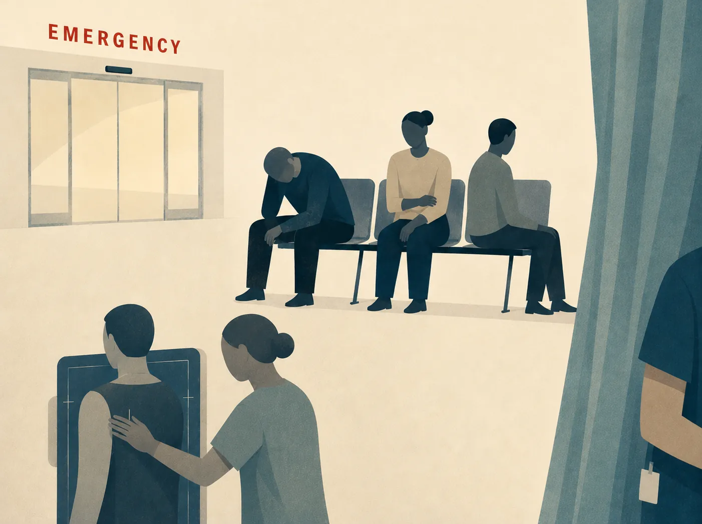 Editorial illustration of people sitting in a waiting room and moving through the emergency department process